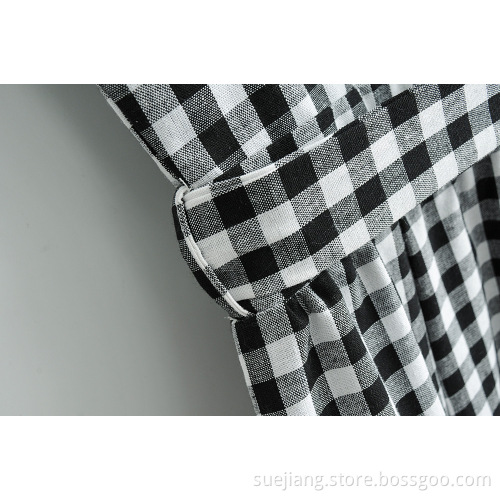 Women New Black White Plaid Lace-up Dress
